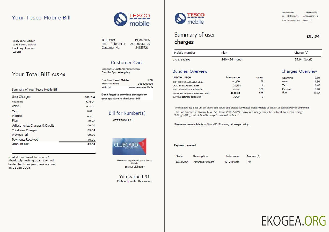 United Kingdom Tesco Mobile utility bill template in Word and PDF formats, 2 pages, version 2